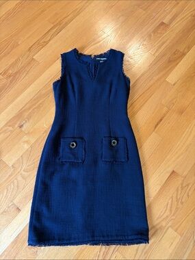 Karl Lagerfeld Navy Sleeveless Fringe Pocket Sheath Dress